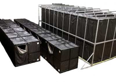 8000T Series RF Shielded Enclosures for DoD: One 35'x20'x16' extruded-frame unit; 18 compact 6'x7.5'x6.5' units for SCIF deployment with square tube frames.