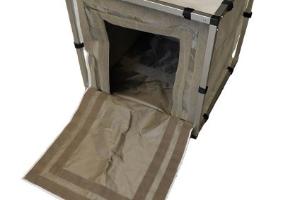 Custom RF shielded benchtop enclosure featuring laminated outer vinyl for weather resistance.